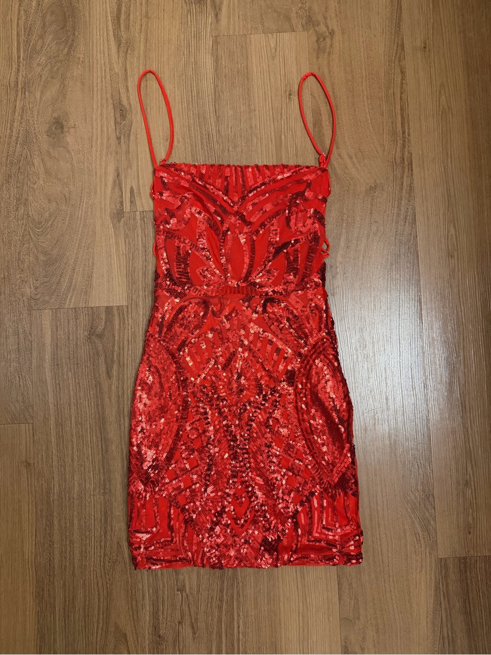 Lucy in the Sky Red Sequin Embroidered Spaghetti-Strap Mini Dress